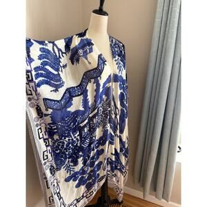 One Hundred Stars Blue Asian Print Kaftan Art Kimono Duster Boho Throwover